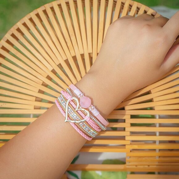 Heart Leather Wrap Bracelets Stackable Boho Cuff Bangles Trendy Resin Stone - Picture 9 of 9